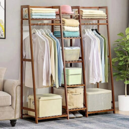 Brown Wooden Clothes Rail Rack Garment Hanging Stand Middle And Top Store Openwardrobe - thumbnail 3
