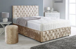 Slumbre Chesterfield Crushed Velvet Divan Bed, Ortho Mattress, Footboard & Round Stool - 6Ft Super King - Gold - 2 Drawers Right Side