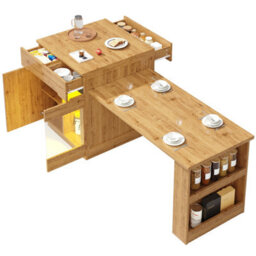 Abrihome Multifunctional Island With Extendable Dining Table, Modern Oak Effect Glass Door Storage Cabinet With App Control For Kitchen - thumbnail 8