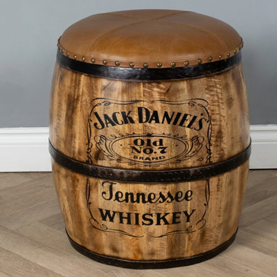 Elm Home And Products Elm Home And Garden 100% Mango Wood Jack Daniels Barrel Stool Pure Leather Top Mango Wood Base  No Veneer - image 1