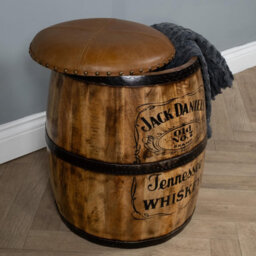 Elm Home And Products Elm Home And Garden 100% Mango Wood Jack Daniels Barrel Stool Pure Leather Top Mango Wood Base  No Veneer - thumbnail 2