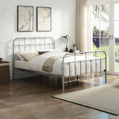 OAT Home Camden Distressed Silver Steel Effect Victorian Hospital Metal King Size Bed Frame - image 1