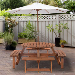 Wyld Haus Bataba Brownish Red Fir Wood 8-Seater Round Outdoor Picnic Table Set With Parasol Hole - L178 X W178 X H70Cm - thumbnail 3