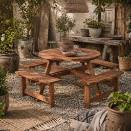 Wyld Haus Bataba Brownish Red Fir Wood 8-Seater Round Outdoor Picnic Table Set With Parasol Hole - L178 X W178 X H70Cm - thumbnail 1