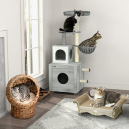 Pawhut Cat Litter Box Enclosure, With Cat House, Bed, Scratching Posts, Platform - thumbnail 9