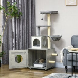 Pawhut Cat Litter Box Enclosure, With Cat House, Bed, Scratching Posts, Platform