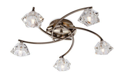 Luminosa Lighting Luminosa Clara 5 Light Flush Multi Arm Ceiling Light Antique Brass, Clear Glass, G9