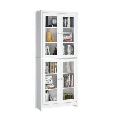 190Cm Tall Display Cabinet With Glass Doors Tall Bookcase Kitchen Cupboard White - image 1