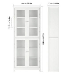190Cm Tall Display Cabinet With Glass Doors Tall Bookcase Kitchen Cupboard White - thumbnail 2