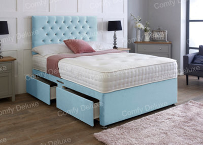 Comfy Deluxe 5Ft King Sky Blue Plush Velvet Pocket Divan Bed & Chesterfield Headboard 2 Drawers Same Side