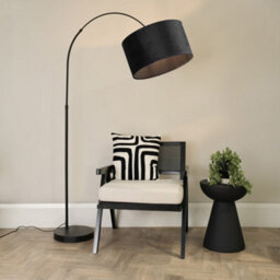 Valuelights Louis Black Arched Curved Floor Lamp With Black Velvet Drum Lamp Shade And Led Bulb
