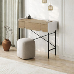 Decortie Modern Terra Dressing Table Lift-Up Mirror Storage Space 2 Drawers, Bedroom Vanity Table W100Xd40Cm Oak, White - thumbnail 6