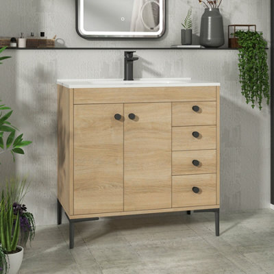 Royal Bathrooms Verona 800mm Natural Oak Floor Standing Bathroom Vanity Unit 2 Door, 4 Drawer Cabinet With Ceramic Basin & Matt Black Knob - image 1