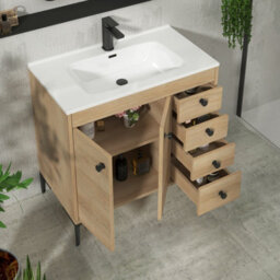 Royal Bathrooms Verona 800mm Natural Oak Floor Standing Bathroom Vanity Unit 2 Door, 4 Drawer Cabinet With Ceramic Basin & Matt Black Knob - thumbnail 6
