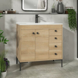 Royal Bathrooms Verona 800mm Natural Oak Floor Standing Bathroom Vanity Unit 2 Door, 4 Drawer Cabinet With Ceramic Basin & Matt Black Knob
