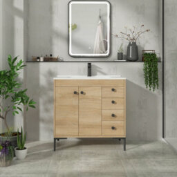 Royal Bathrooms Verona 800mm Natural Oak Floor Standing Bathroom Vanity Unit 2 Door, 4 Drawer Cabinet With Ceramic Basin & Matt Black Knob - thumbnail 4