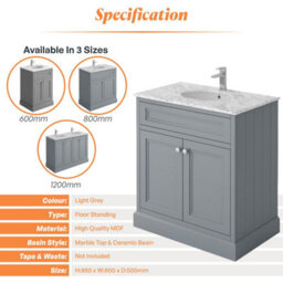 Plum&clay Fairmont Traditional Light Grey Square Floor Standing Bathroom Vanity Unit With Ceramic Basin & Marble Top (W)800mm - thumbnail 4