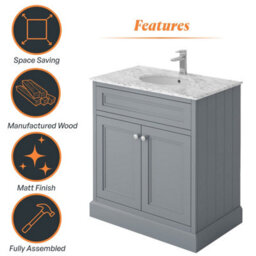 Plum&clay Fairmont Traditional Light Grey Square Floor Standing Bathroom Vanity Unit With Ceramic Basin & Marble Top (W)800mm - thumbnail 5