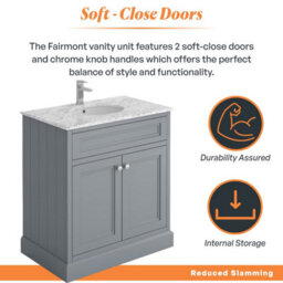 Plum&clay Fairmont Traditional Light Grey Square Floor Standing Bathroom Vanity Unit With Ceramic Basin & Marble Top (W)800mm - thumbnail 3