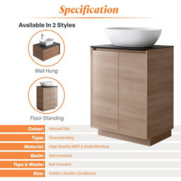 Plum&clay Matterhorn Oak Floor Standing Bathroom Vanity Unit With Black Countertop (W)600mm (H)850mm - thumbnail 4