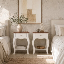 Wyld Haus Rifipa Set Of 2 French-Style Bedside Tables With Drawer And Open Shelf, White And Oak-Effect.