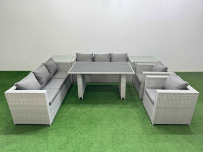 Fimous 8 Seater Wicker Pe Rattan Furniture Outdoor Dining Table 3 Seater Sofa Armchair Set With 2 Side Tables Light Grey - image 1