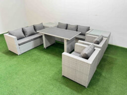 Fimous 8 Seater Wicker Pe Rattan Furniture Outdoor Dining Table 3 Seater Sofa Armchair Set With 2 Side Tables Light Grey - thumbnail 2