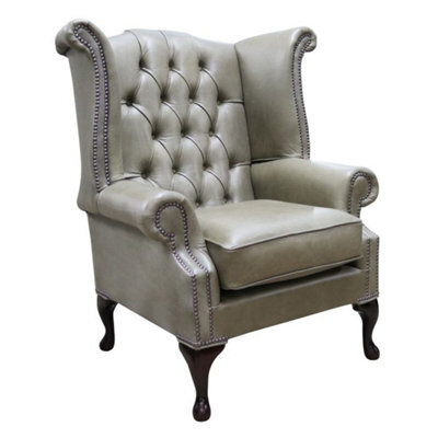 Chesterfield High Back Wing Chair Selvaggio Sage Green Leather In Queen Anne Style - image 1
