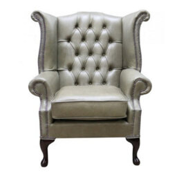 Chesterfield High Back Wing Chair Selvaggio Sage Green Leather In Queen Anne Style - thumbnail 2