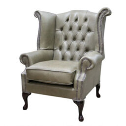 Chesterfield High Back Wing Chair Selvaggio Sage Green Leather In Queen Anne Style - thumbnail 3