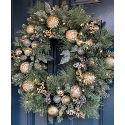 30 Inch (76Cm) Pre-Lit Decorated Wreath With 50 Led Lights In Metallic, Faux Greenery & Pinecones, Timer & Batteries Included