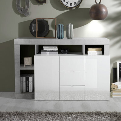 FurniComp LTD Furnicomp Lorenzo 2 Door 3 Drawer White Gloss And Concrete Grey Sideboard - image 1