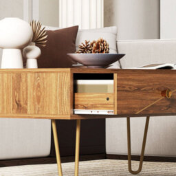 Wyld Haus Susele Brown Rectangular Coffee Table With 2 Drawers And Gold-Tone Hairpin Legs - thumbnail 8