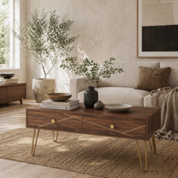 Wyld Haus Susele Brown Rectangular Coffee Table With 2 Drawers And Gold-Tone Hairpin Legs - thumbnail 1