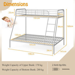 Gainoom 198 X 141 X 160Cm Silver Metal Bunk Bed With Ladder Wsafety Guardrail - thumbnail 2