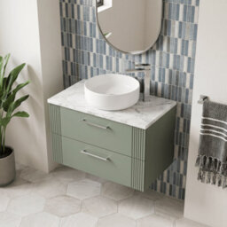 Balterley Belvide Partial Fluted 2 Drawer Wall Hung Vanity Unit With Carrera Marble Laminate Worktop - 800mm - Satin Green - thumbnail 3