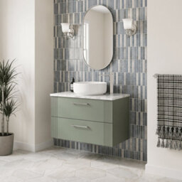 Balterley Belvide Partial Fluted 2 Drawer Wall Hung Vanity Unit With Carrera Marble Laminate Worktop - 800mm - Satin Green - thumbnail 4