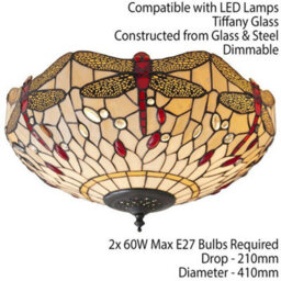 Tiffany Glass Semi Flush Ceiling Light Dragonfly Round Inverted Shade I00043 - thumbnail 2