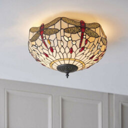 Tiffany Glass Semi Flush Ceiling Light Dragonfly Round Inverted Shade I00043 - thumbnail 5