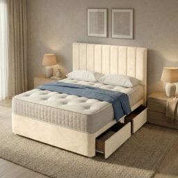 "Adore Designs Portland Plush Velvet Divan Bed, 50"" Headboard & Mattress - 4Ft Small Double - Cream - 2 Drawers Same Side" - thumbnail 1