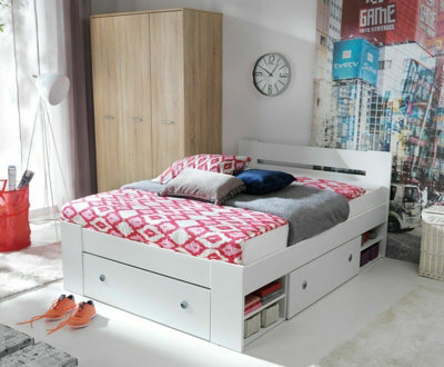 Impact Furniture White Double Bed Frame Storage Drawers Euro Headboard Solid Slats Shelves Nepo - image 1