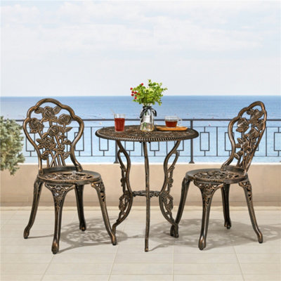 Yaheetech Bronze 3 Piece Patio Bistro Set, 2 Seater Metal Garden Table & Chairs Bistro Coffee Table Set, Rose Design - image 1