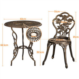 Yaheetech Bronze 3 Piece Patio Bistro Set, 2 Seater Metal Garden Table & Chairs Bistro Coffee Table Set, Rose Design - thumbnail 3
