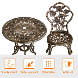 Yaheetech Bronze 3 Piece Patio Bistro Set, 2 Seater Metal Garden Table & Chairs Bistro Coffee Table Set, Rose Design - thumbnail 7