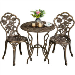 Yaheetech Bronze 3 Piece Patio Bistro Set, 2 Seater Metal Garden Table & Chairs Bistro Coffee Table Set, Rose Design - thumbnail 2
