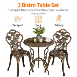 Yaheetech Bronze 3 Piece Patio Bistro Set, 2 Seater Metal Garden Table & Chairs Bistro Coffee Table Set, Rose Design - thumbnail 6