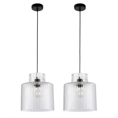 First Choice Lighting Set Of 2 Portland - Matt Black Clear Ribbed Glass Ceiling Pendants - image 1