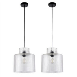 First Choice Lighting Set Of 2 Portland - Matt Black Clear Ribbed Glass Ceiling Pendants - thumbnail 1