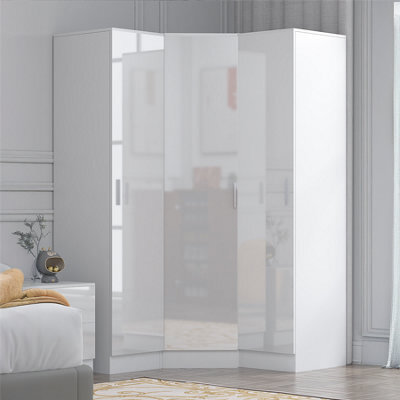 Reflect 3Pc Wardrobe Bundle - 1 Door Corner + 2X 1 Door Plain - White Gloss & Matt White - H: 180Cm X W: 150Cm X D: 74Cm - image 1