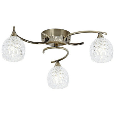 Semi Flush Ceiling Light Brass Textured Glass 3 Bulb Hanging Pendant Lamp Shade - image 1